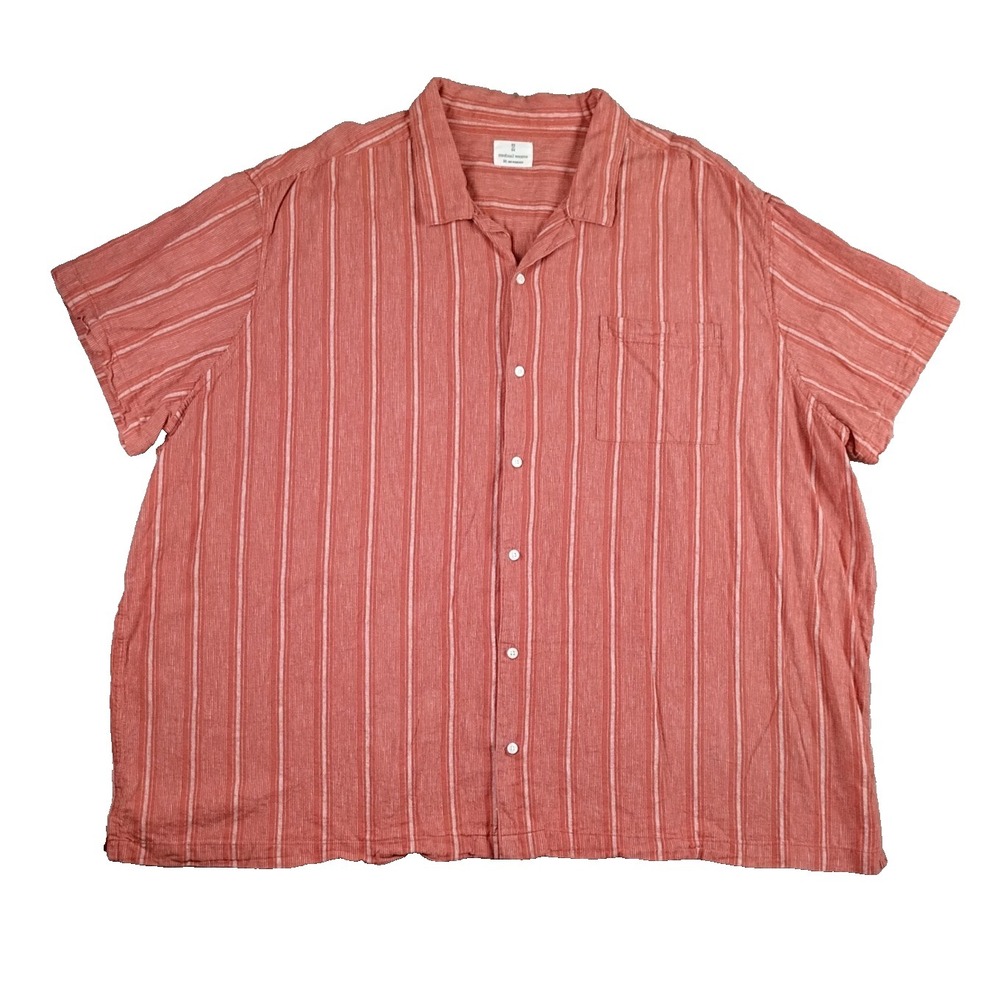 Mutual Weave Mens Short Sleeve Button Shirt 5XL Orange Striped Linen Cotton